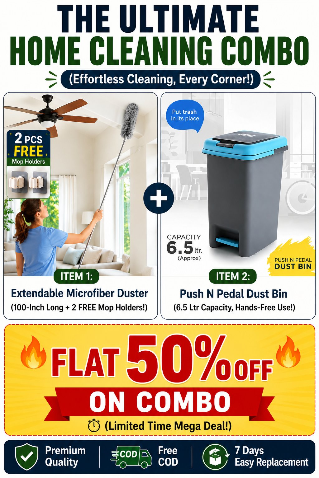 2-in-1 Home Cleaning Combo | Extendable Microfiber Duster + 6.5L Push Pedal Dust Bin + 2 FREE Mop Holders