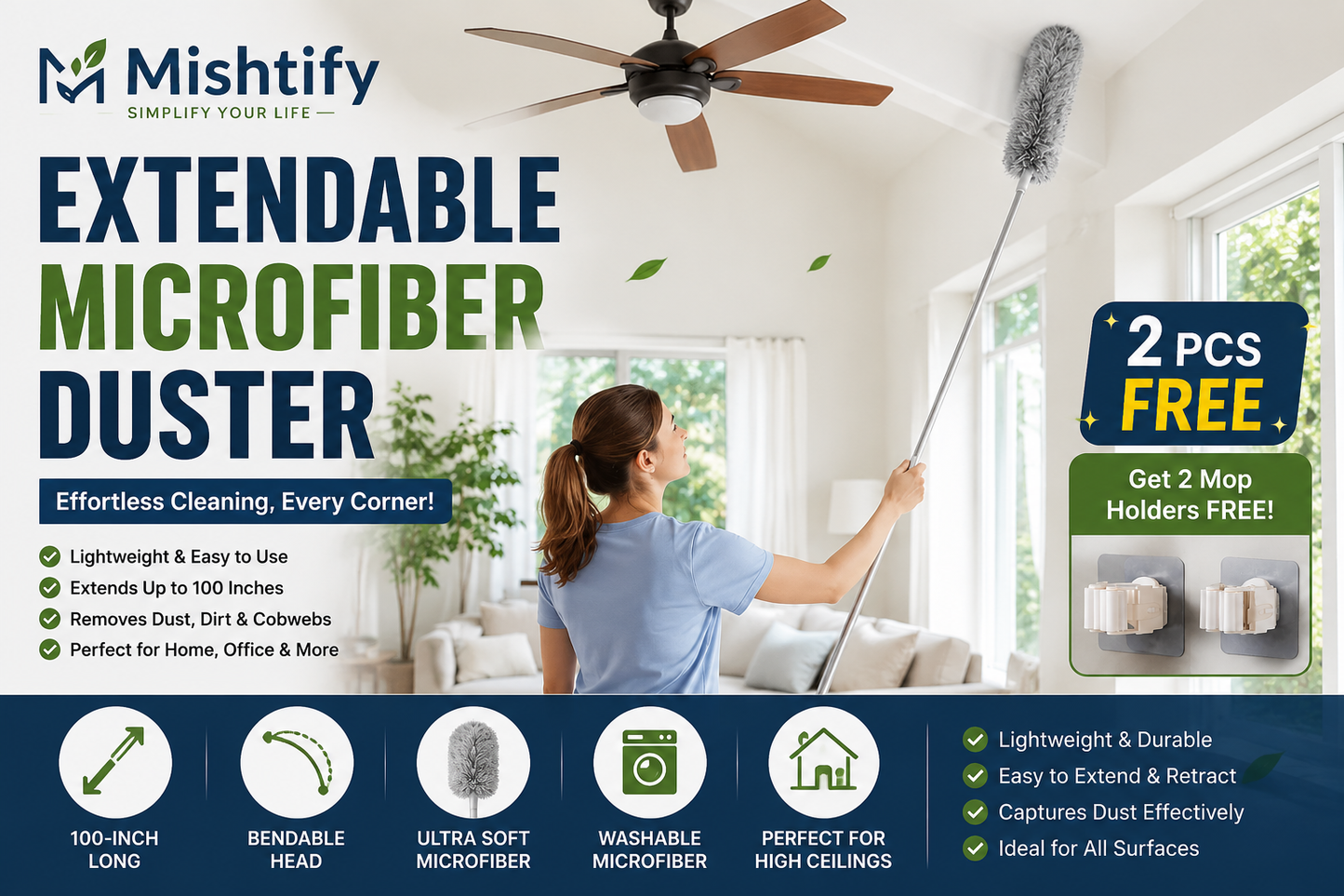 Microfiber Duster – 100-Inch Extendable Hand + Get 2 Mop Holder FREE!